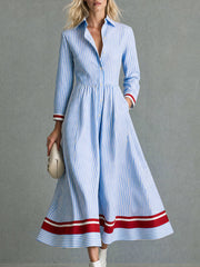 Retro-style Color-blocked Blue Striped Long-sleeved Collared Cotton Midi Dress