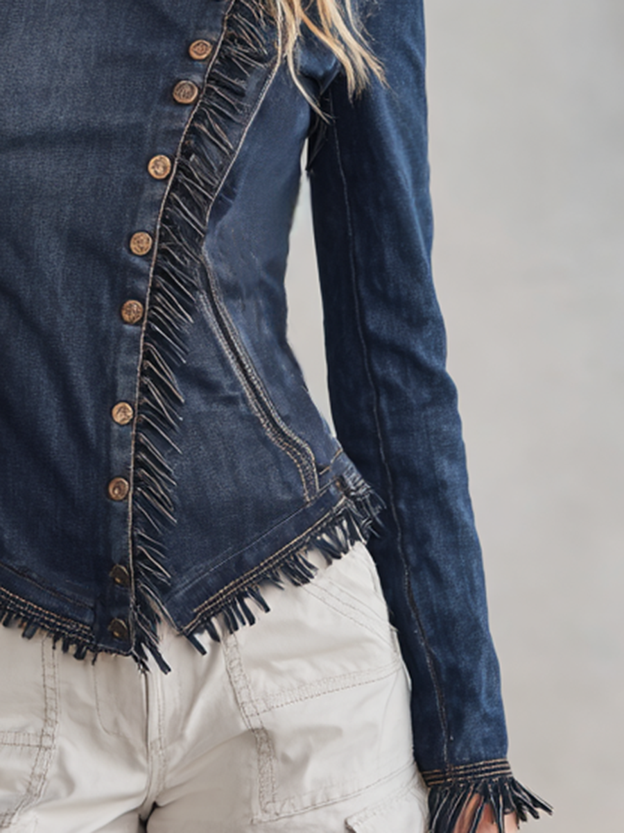 Women's Dark Denim Jacket Fitted Fringe Trim Asymmetric Button Front Western