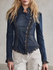Women's Dark Denim Jacket Fitted Fringe Trim Asymmetric Button Front Western