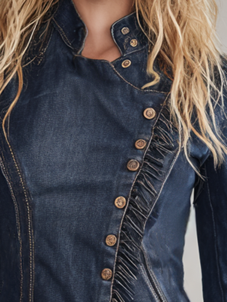 Women's Dark Denim Jacket Fitted Fringe Trim Asymmetric Button Front Western