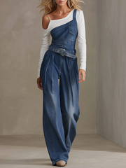 Women's Blue Denim Overalls Wide Leg Belted One Shoulder Pleated Jumpsuit