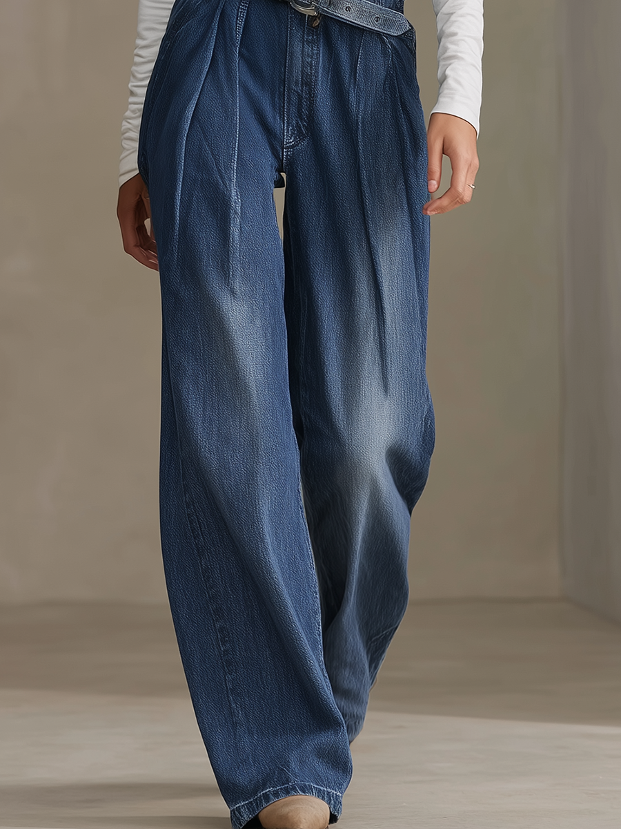 Women's Blue Denim Overalls Wide Leg Belted One Shoulder Pleated Jumpsuit