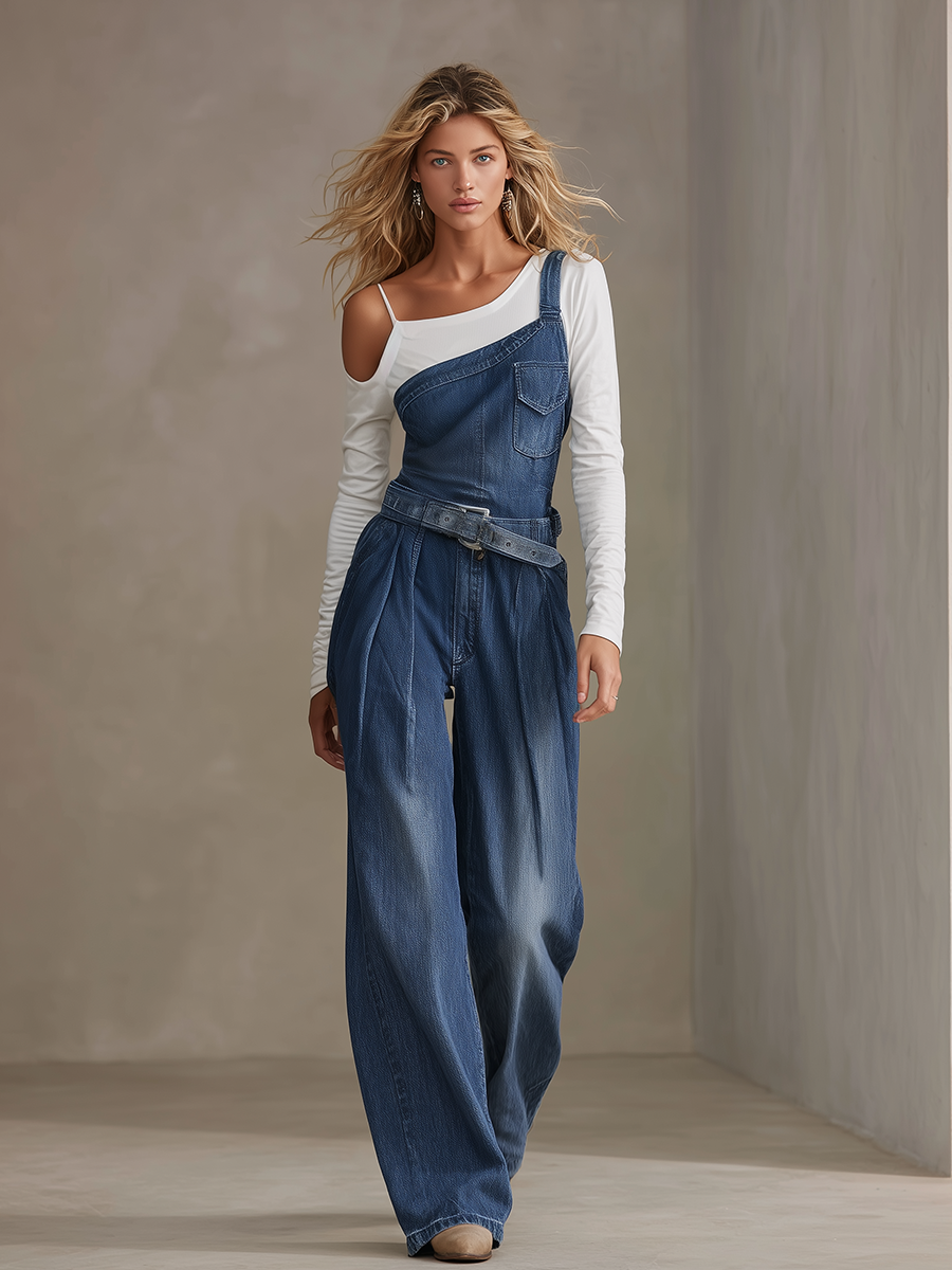 Women's Blue Denim Overalls Wide Leg Belted One Shoulder Pleated Jumpsuit