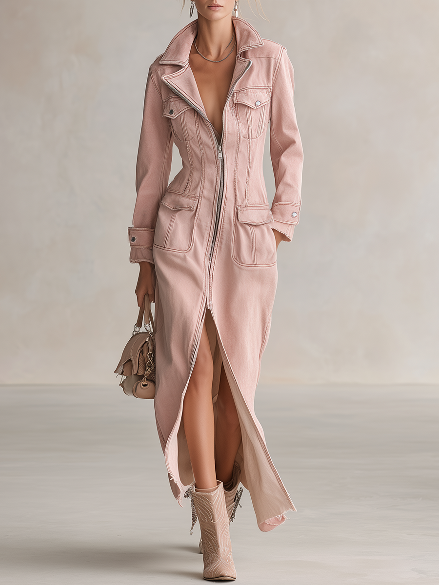 Women's Pink Denim Shirt Dress Long Sleeve Zip Front Slit Midi