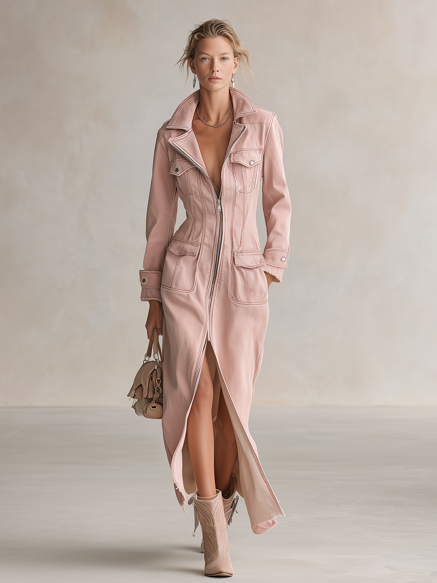 Women's Pink Denim Shirt Dress Long Sleeve Zip Front Slit Midi