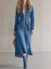 Women's Blue Denim Midi Dress Long Sleeve Zip Front Utility Pockets