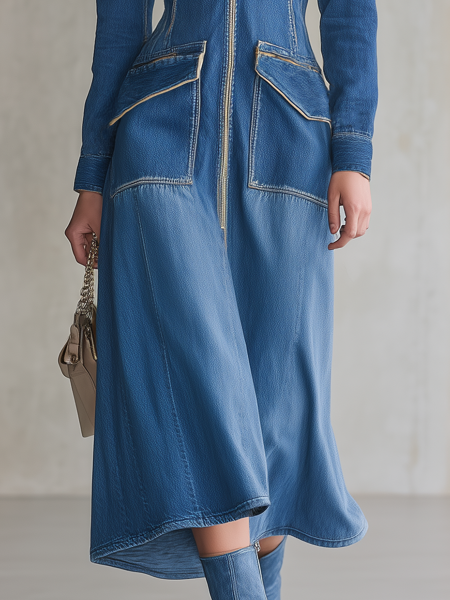 Women's Blue Denim Midi Dress Long Sleeve Zip Front Utility Pockets