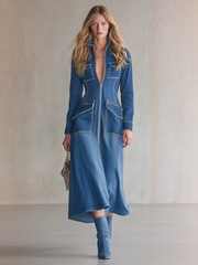 Women's Blue Denim Midi Dress Long Sleeve Zip Front Utility Pockets