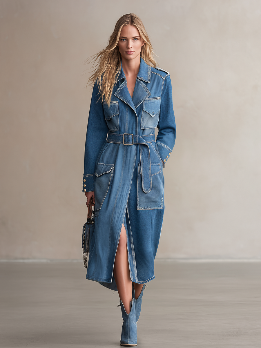 Women's Two-Tone Belted Denim Trench Coat Utility Pockets Long Slit Safari
