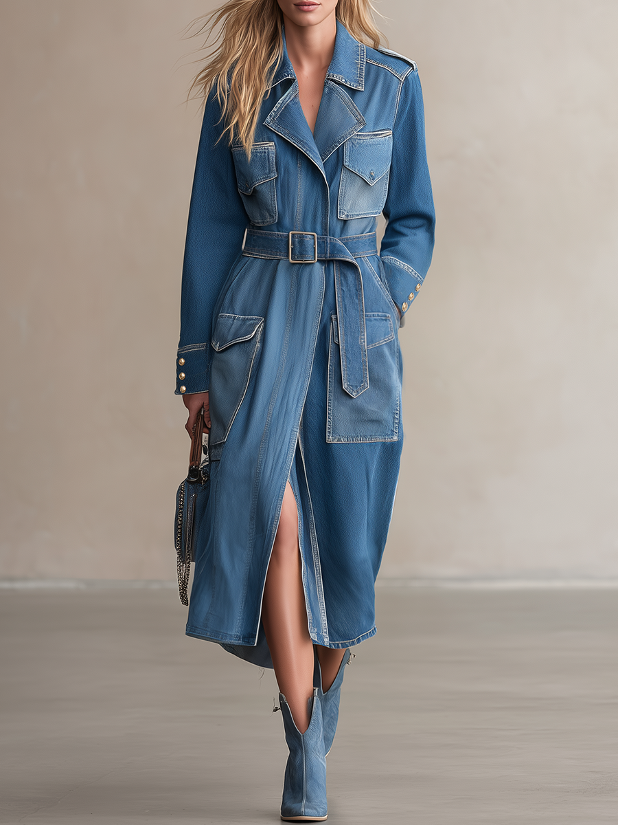 Women's Two-Tone Belted Denim Trench Coat Utility Pockets Long Slit Safari