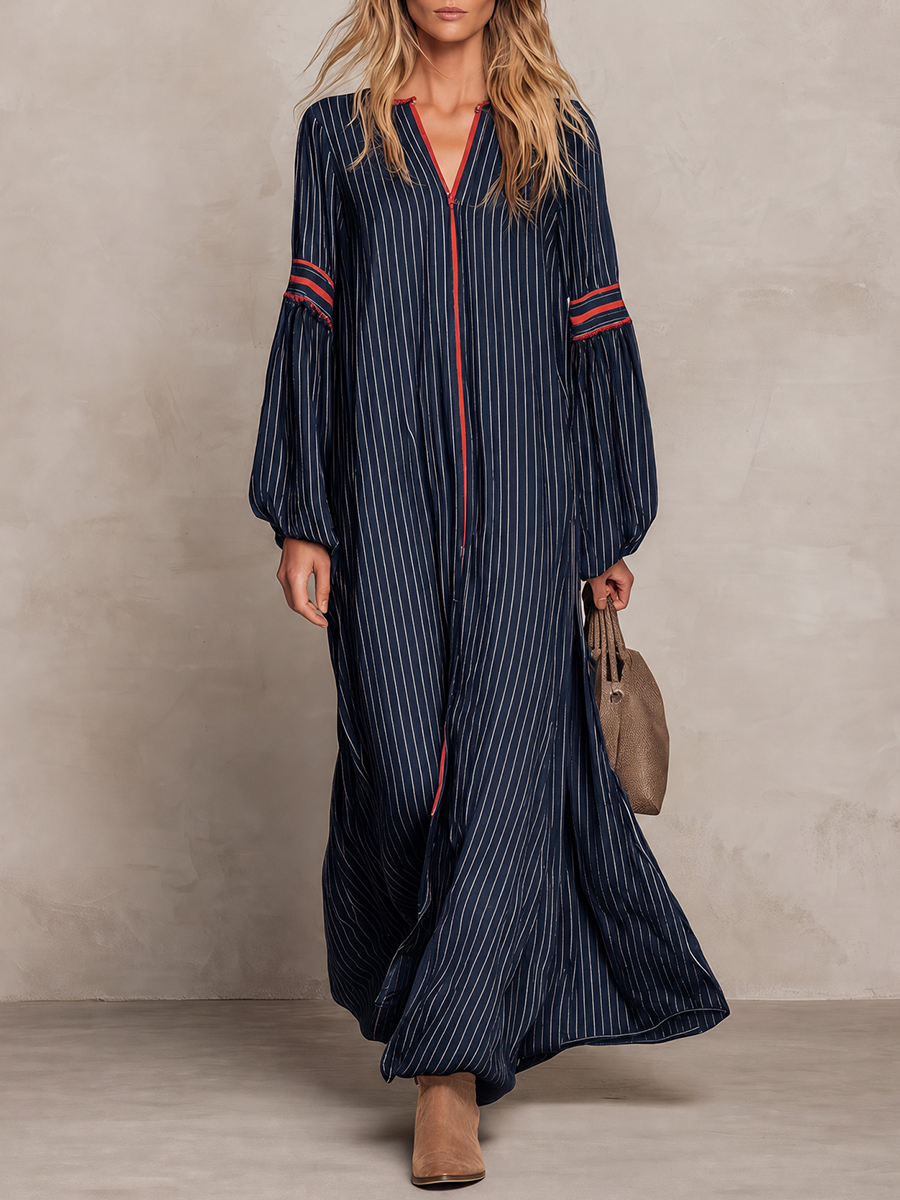 Women's Navy Striped Maxi Dress Long Bell Sleeve V-Neck Boho Contrast Trim