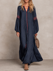 Women's Navy Striped Maxi Dress Long Bell Sleeve V-Neck Boho Contrast Trim