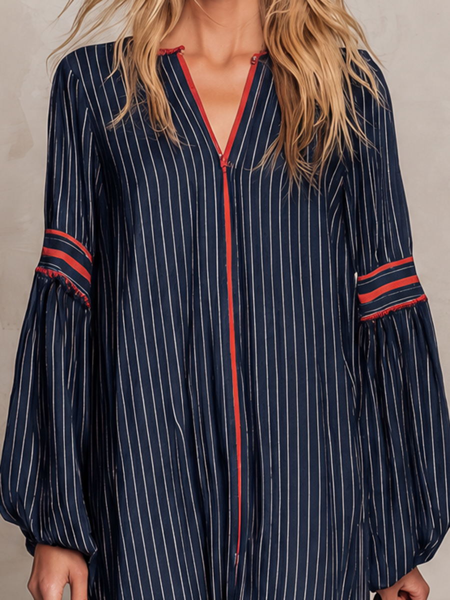 Women's Navy Striped Maxi Dress Long Bell Sleeve V-Neck Boho Contrast Trim