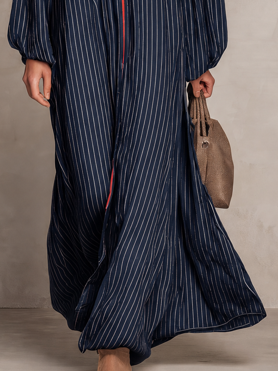 Women's Navy Striped Maxi Dress Long Bell Sleeve V-Neck Boho Contrast Trim