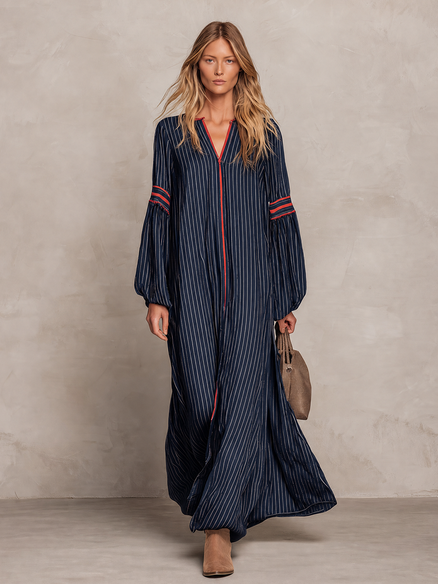 Women's Navy Striped Maxi Dress Long Bell Sleeve V-Neck Boho Contrast Trim
