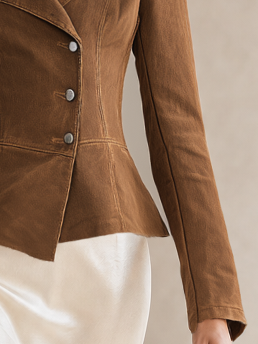 Women's Brown Denim Blazer Fitted Asymmetric Button Peplum Hem Notch Lapel
