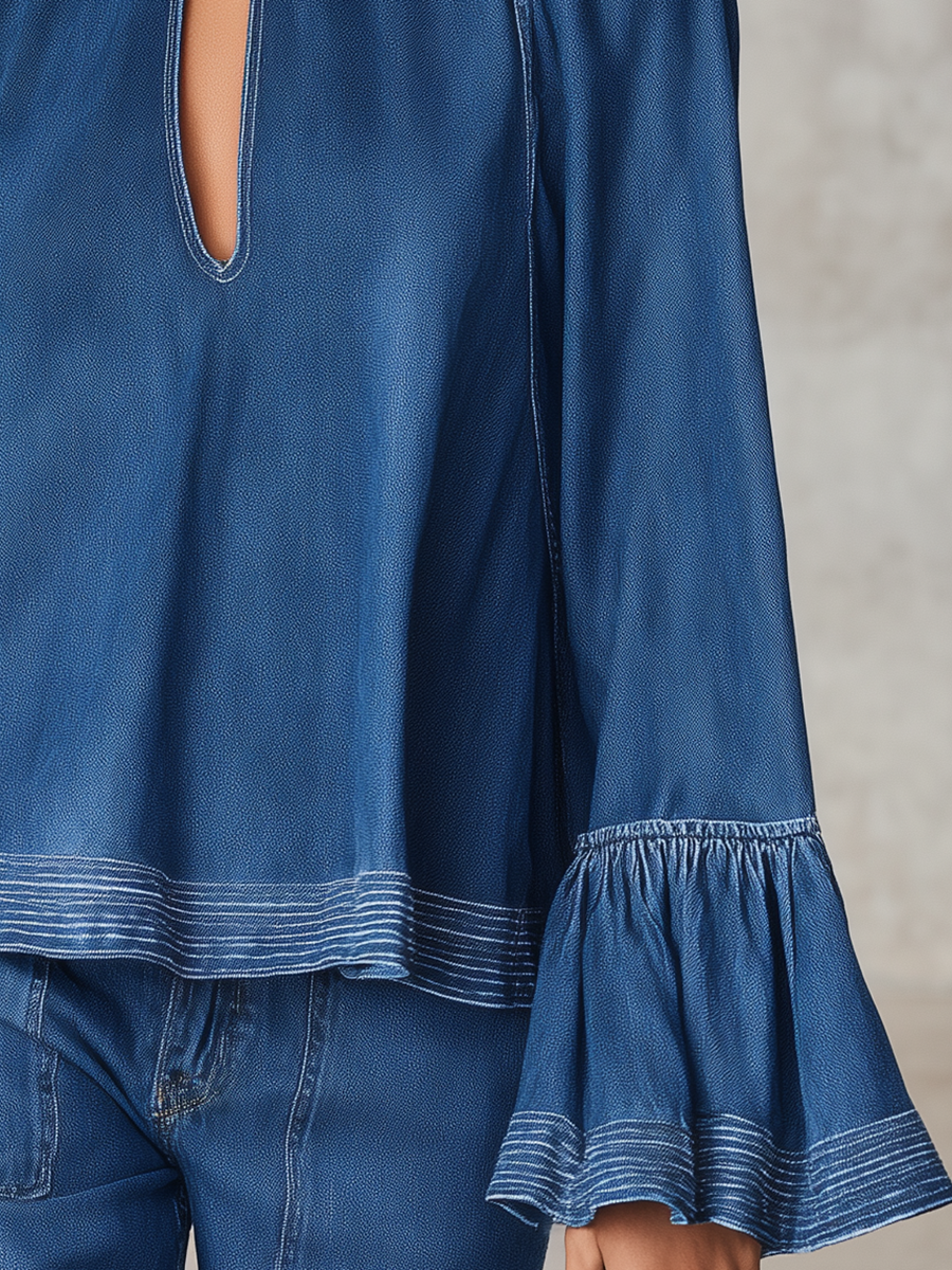 Women's Blue Denim Blouse Mock Neck Keyhole Bell Sleeve Boho Flowy Top