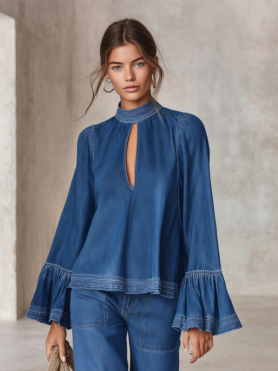 Women's Blue Denim Blouse Mock Neck Keyhole Bell Sleeve Boho Flowy Top