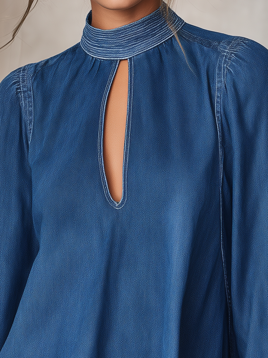 Women's Blue Denim Blouse Mock Neck Keyhole Bell Sleeve Boho Flowy Top