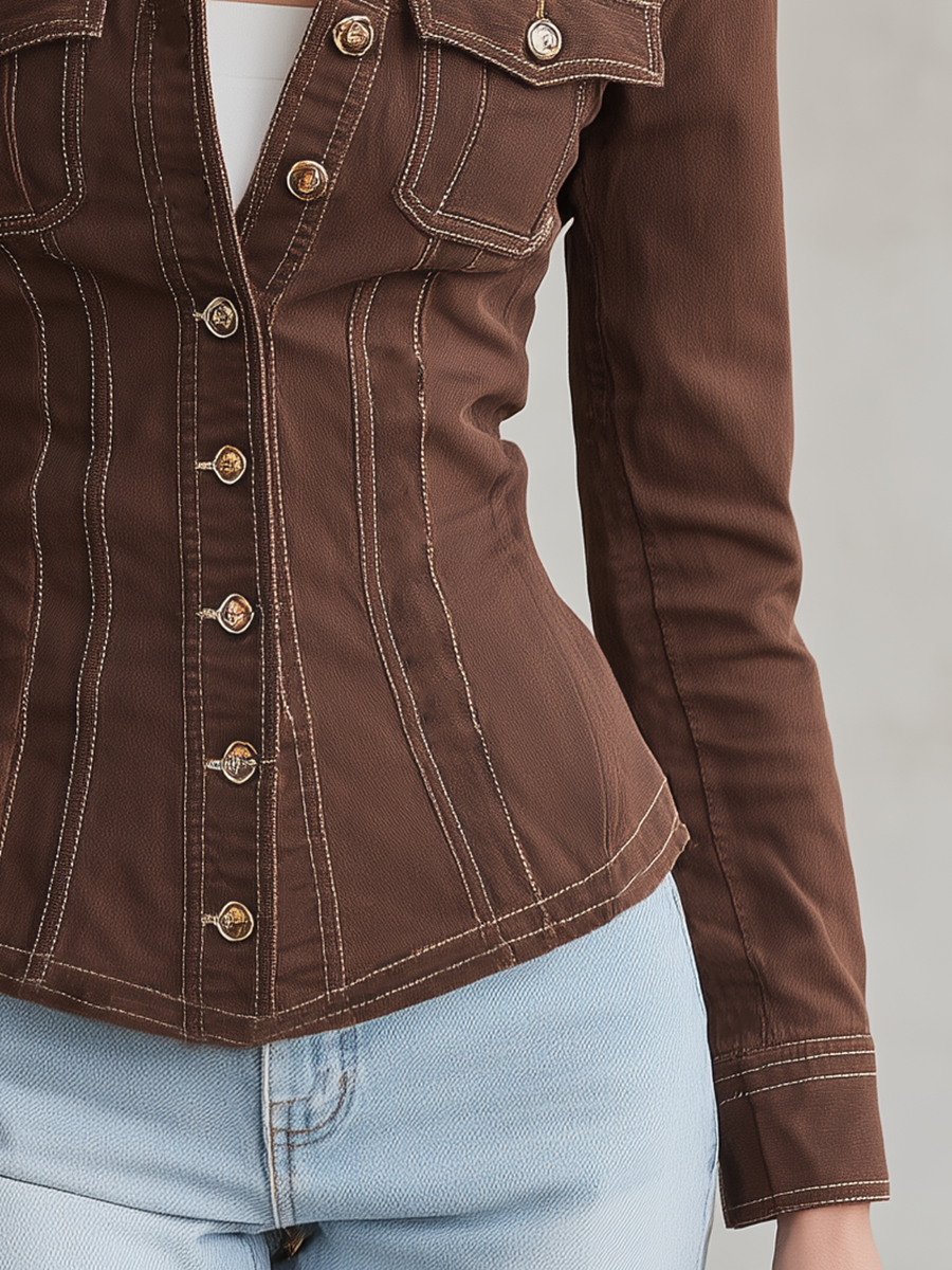 Women's Brown Denim Shirt Jacket Fitted Contrast Stitch Flap Pockets Stand Collar