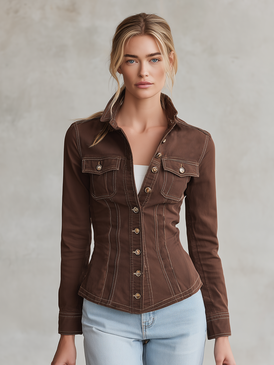 Women's Brown Denim Shirt Jacket Fitted Contrast Stitch Flap Pockets Stand Collar