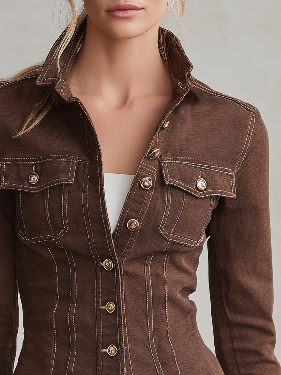 Women's Brown Denim Shirt Jacket Fitted Contrast Stitch Flap Pockets Stand Collar