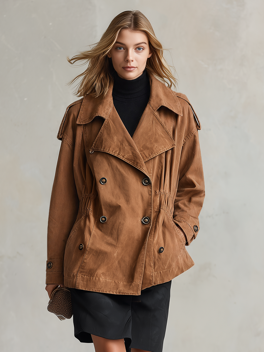 Women's Brown Denim Trench Jacket Double Breasted Drawstring Waist Oversized Utility Fall