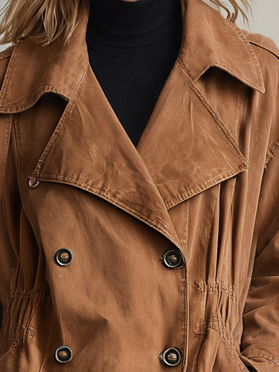 Women's Brown Denim Trench Jacket Double Breasted Drawstring Waist Oversized Utility Fall