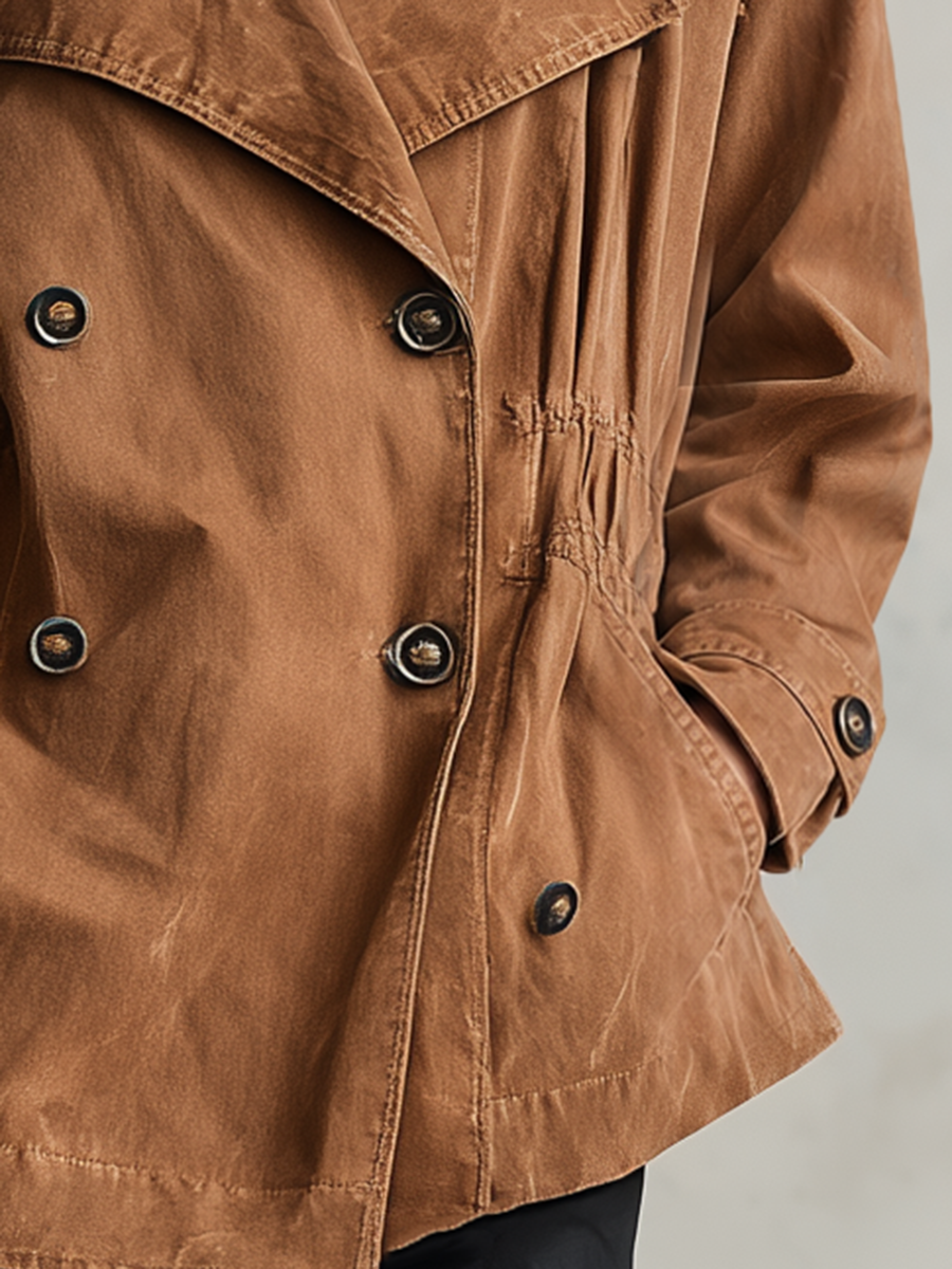 Women's Brown Denim Trench Jacket Double Breasted Drawstring Waist Oversized Utility Fall