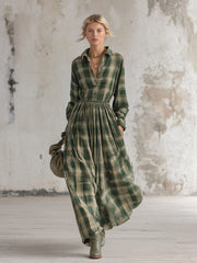 Vintage-style Green Plaid Print Matte Velvet Maxi Dress