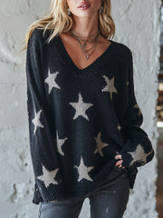Women's Star Print V-Neck Oversized Knit Sweater