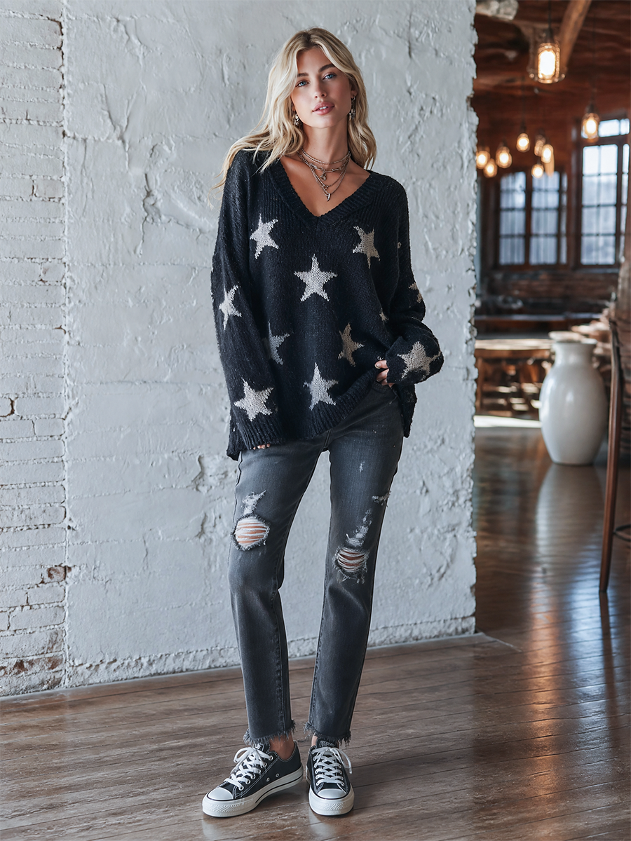 Women's Star Print V-Neck Oversized Knit Sweater