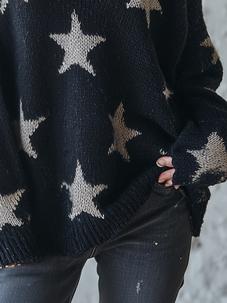 Women's Star Print V-Neck Oversized Knit Sweater