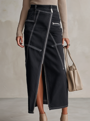 Vintage Diagonal Zip-front High-waist Slit Denim Skirt