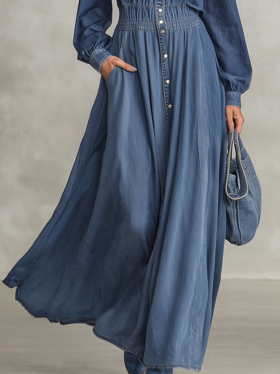 Women's Long Sleeve Denim Maxi Dress Cape Collar Button Down Fall 2026