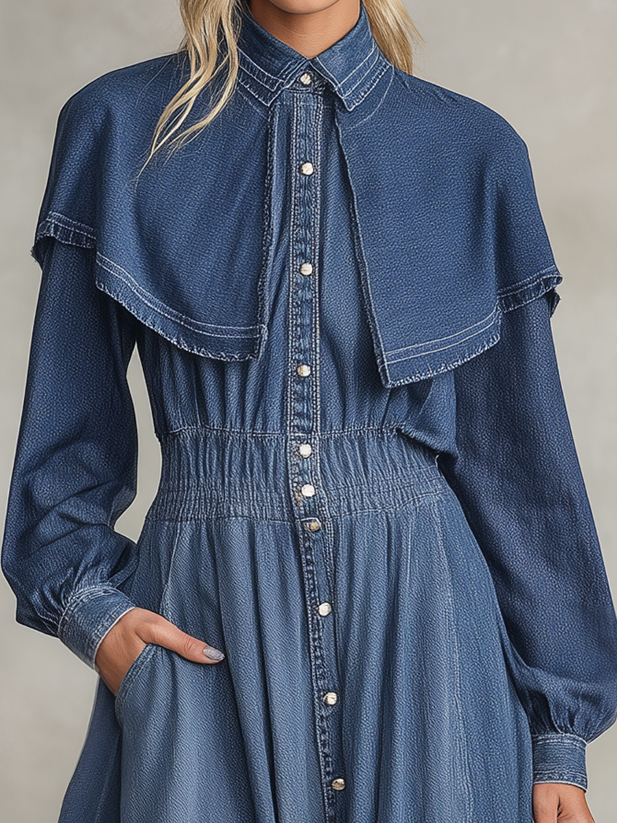 Women's Long Sleeve Denim Maxi Dress Cape Collar Button Down Fall 2026