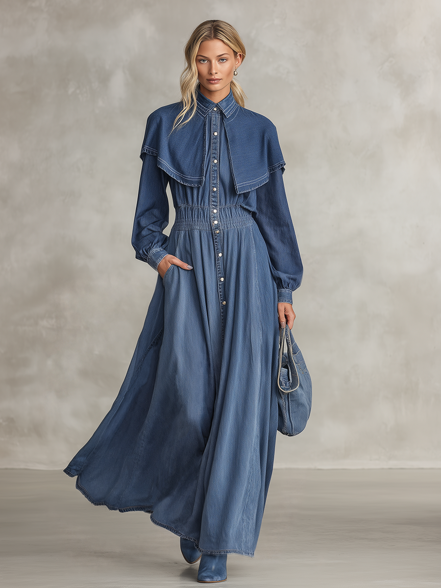 Women's Long Sleeve Denim Maxi Dress Cape Collar Button Down Fall 2026