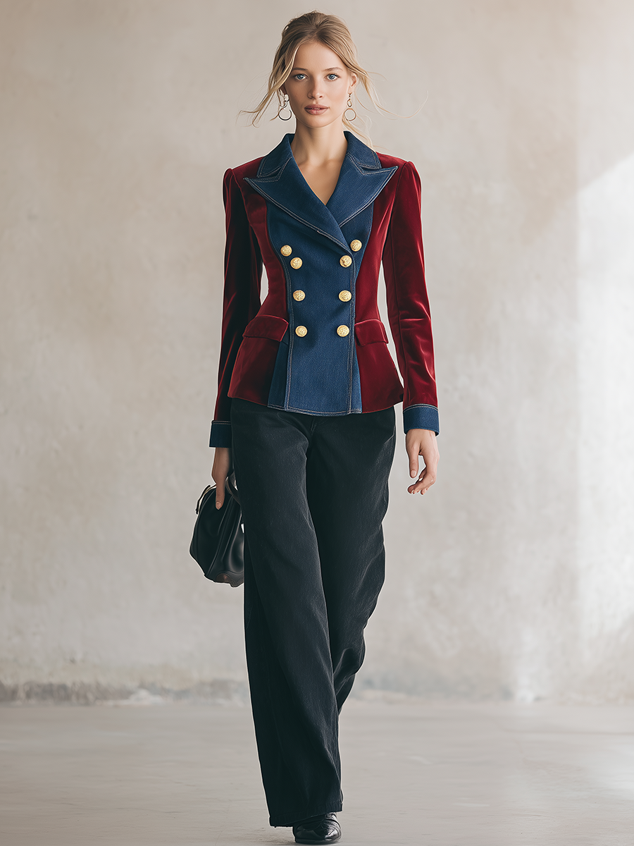 Women's Velvet Denim Patchwork Blazer Double Breasted Gold Button Slim Fall 2026 Jacket