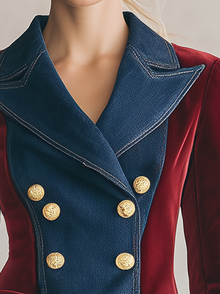 Women's Velvet Denim Patchwork Blazer Double Breasted Gold Button Slim Fall 2026 Jacket