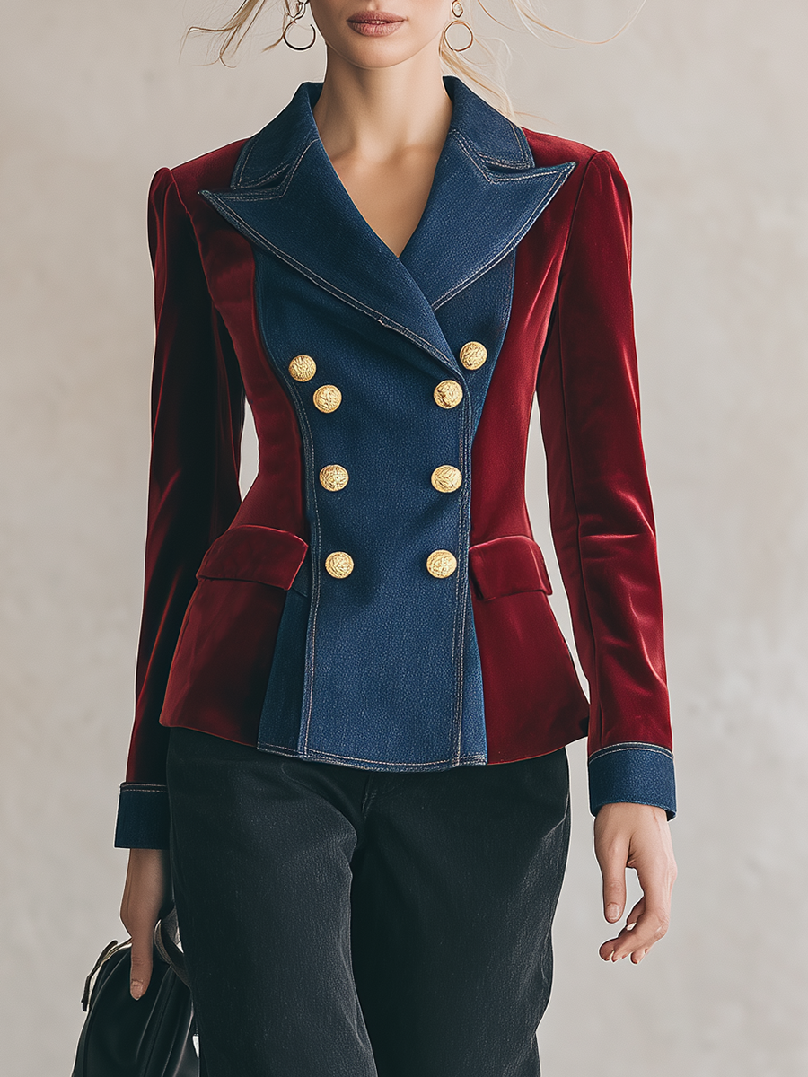 Women's Velvet Denim Patchwork Blazer Double Breasted Gold Button Slim Fall 2026 Jacket