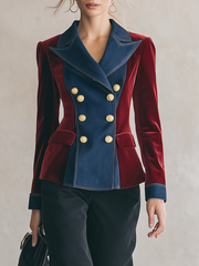 Women's Velvet Denim Patchwork Blazer Double Breasted Gold Button Slim Fall 2026 Jacket