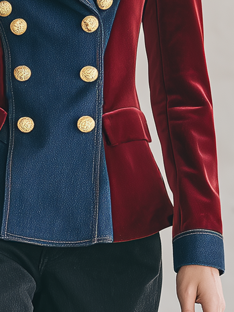 Women's Velvet Denim Patchwork Blazer Double Breasted Gold Button Slim Fall 2026 Jacket