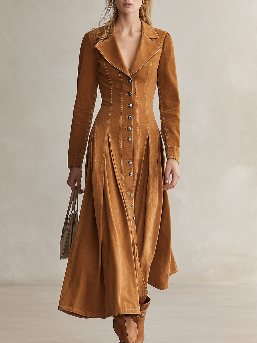 Women's Denim Maxi Dress Button Down Collared Fit Flare Fall 2026 Dress