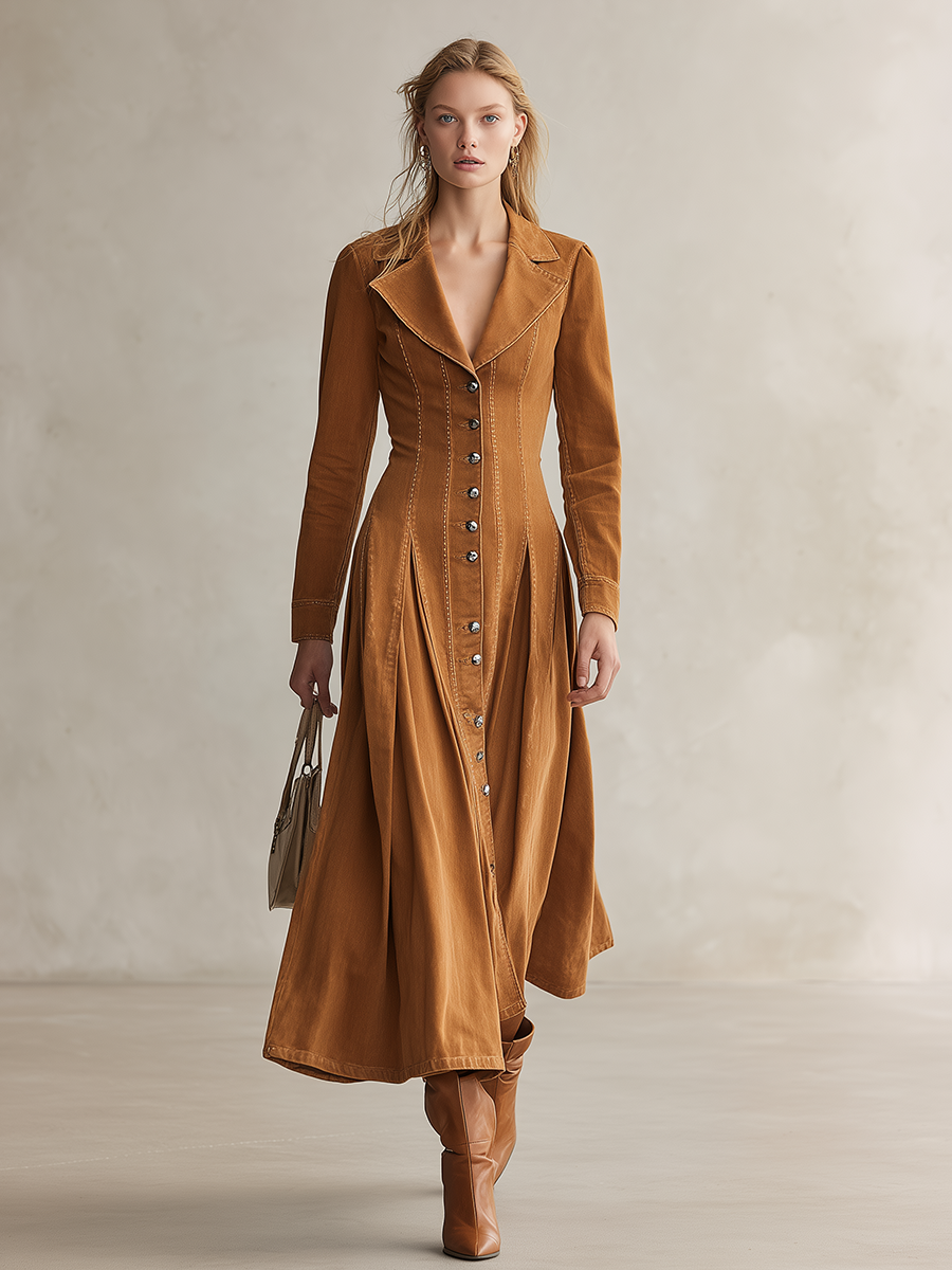 Women's Denim Maxi Dress Button Down Collared Fit Flare Fall 2026 Dress