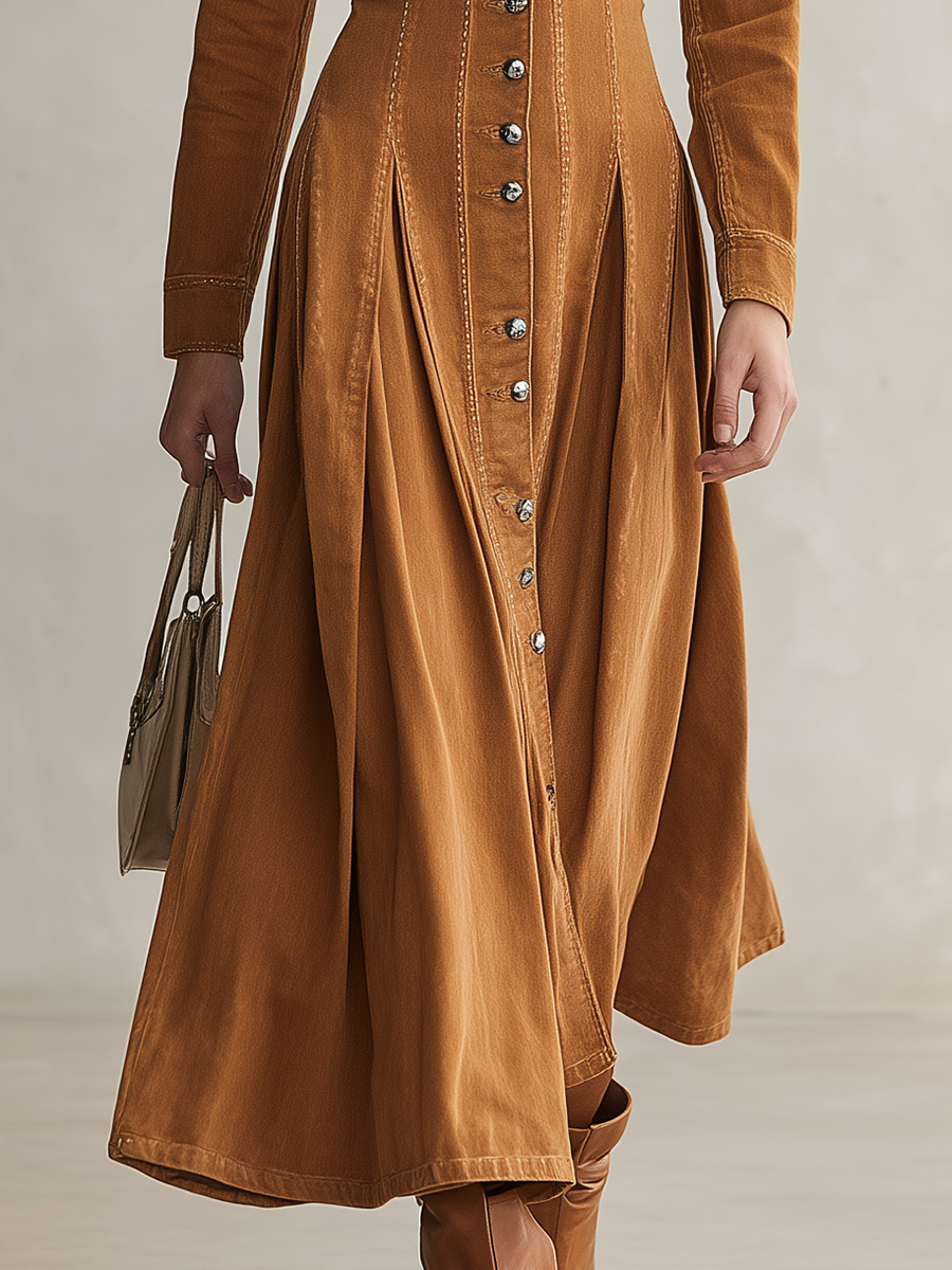Women's Denim Maxi Dress Button Down Collared Fit Flare Fall 2026 Dress