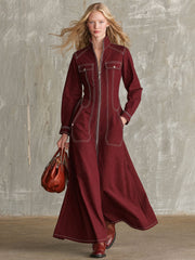 Vintage Burgundy Stand-up Collar Zipper Cotton Maxi Dress