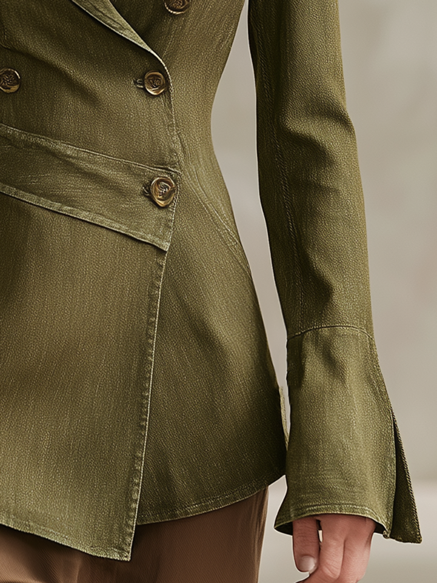 Women's Olive Denim Blazer Fitted Double Breasted Bell Cuff Peplum Safari Fall