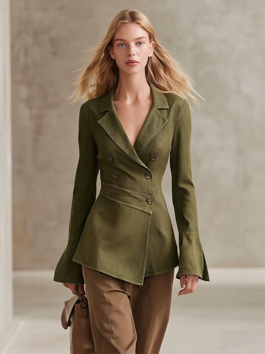 Women's Olive Denim Blazer Fitted Double Breasted Bell Cuff Peplum Safari Fall