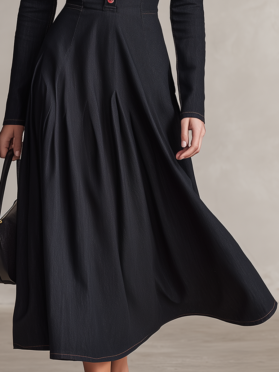 Women's Black Denim Midi Dress Square Neck Long Sleeve Button Fit Flare