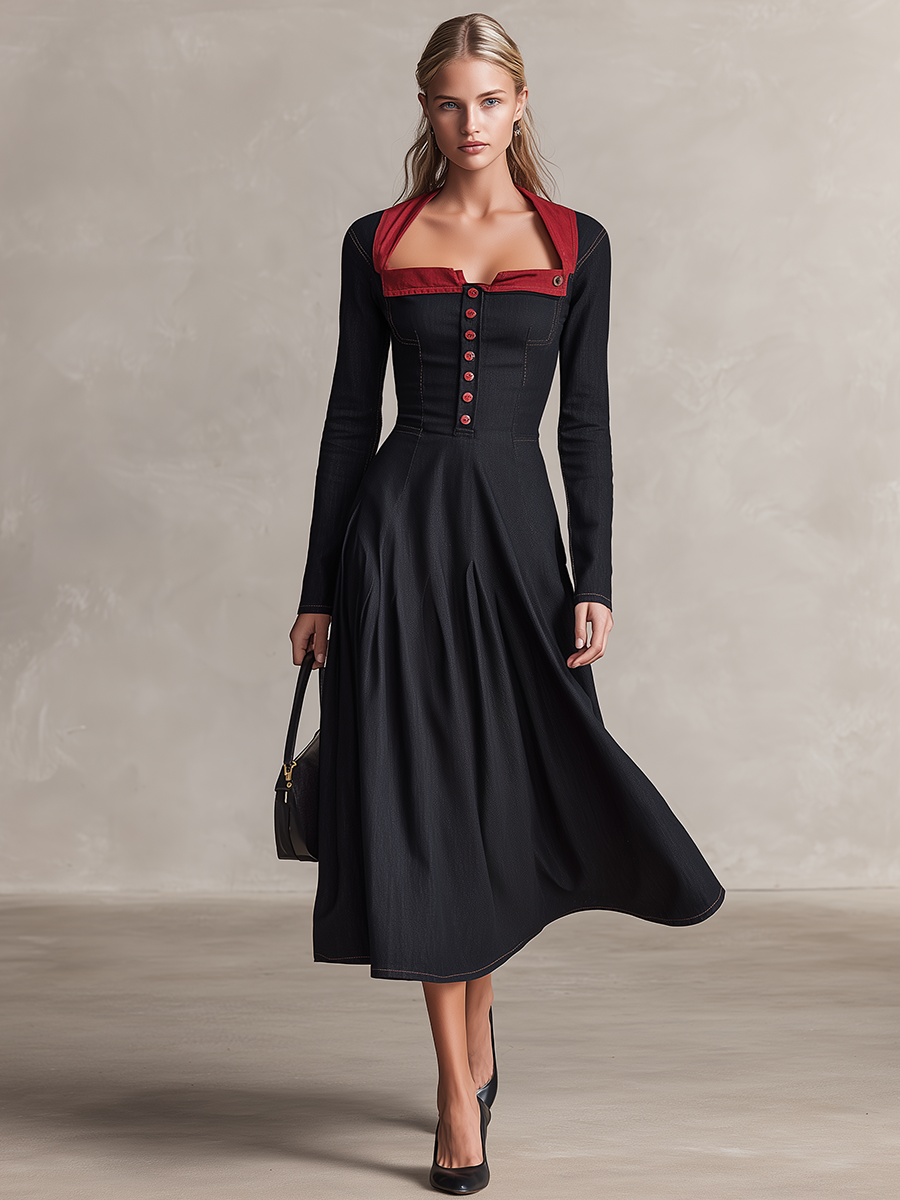 Women's Black Denim Midi Dress Square Neck Long Sleeve Button Fit Flare